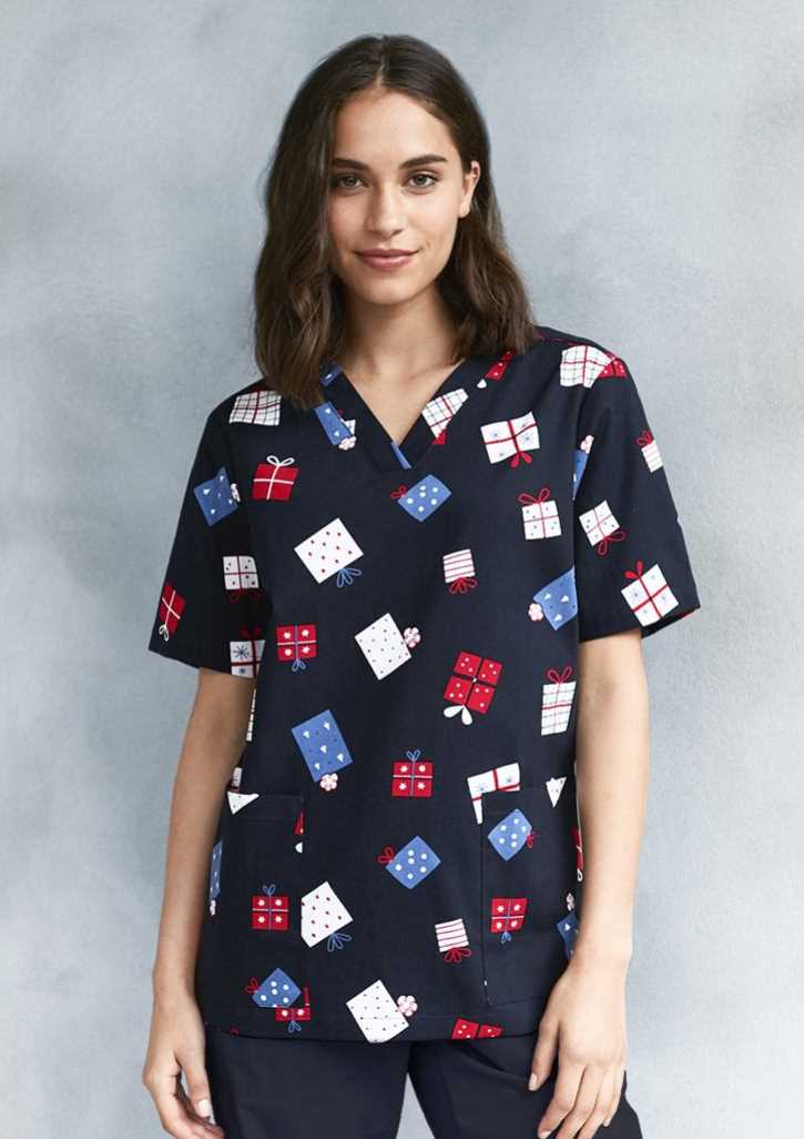 Womens Christmas SS V-neck Scrub Top