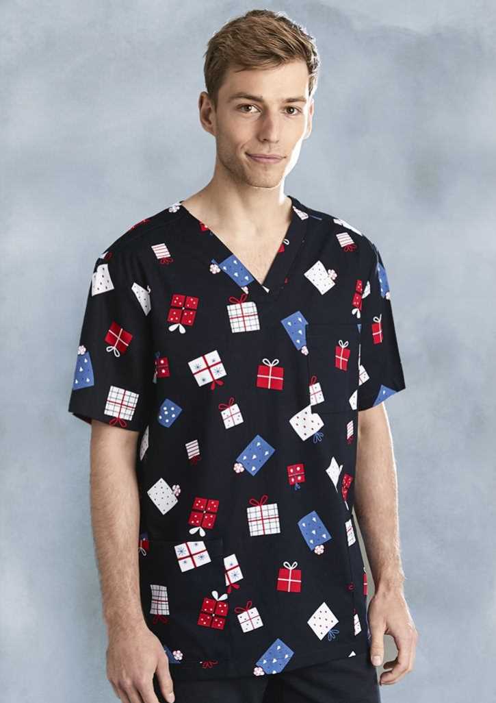 Mens Christmas SS V-neck Scrub Top