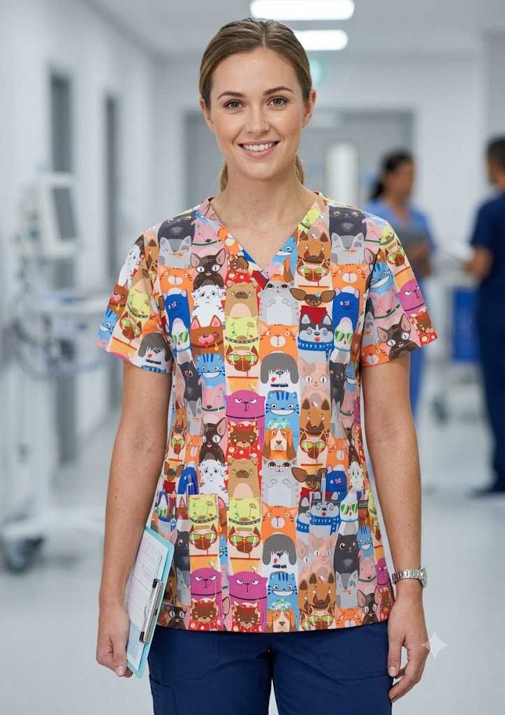Ladies Scrub Top Printed  - Cats & Dogs